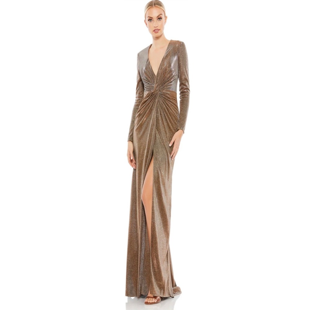 Ieena for Mac Duggal Bronze Metallic V-Neck Long Sleeve Pleated Gown Dress NEW